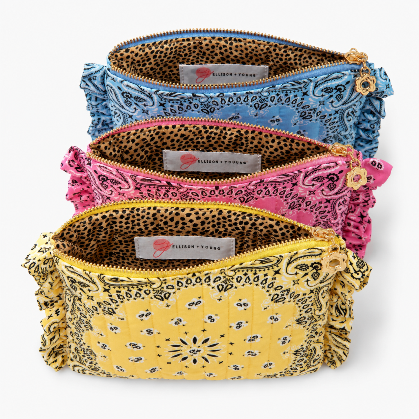 Ellison+Young Bandana Ruffle Everything Pouch, Quilted Cosmetic Case: Indie Pink
