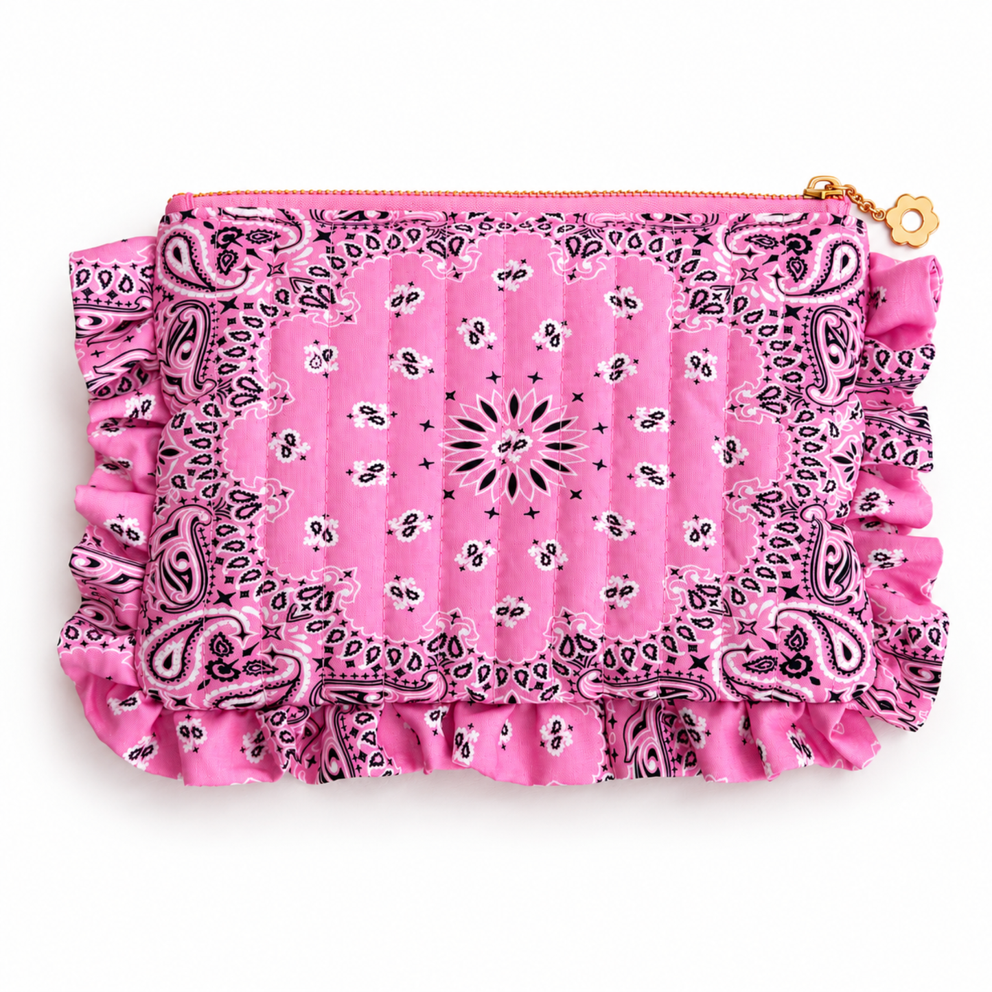 Ellison+Young Bandana Ruffle Everything Pouch, Quilted Cosmetic Case: Indie Pink