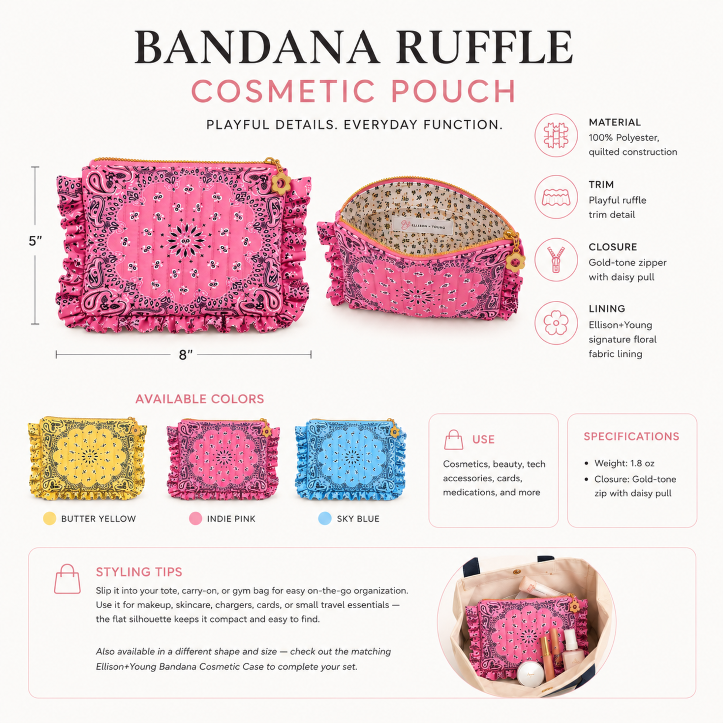 Ellison+Young Bandana Ruffle Everything Pouch, Quilted Cosmetic Case: Butter Yellow