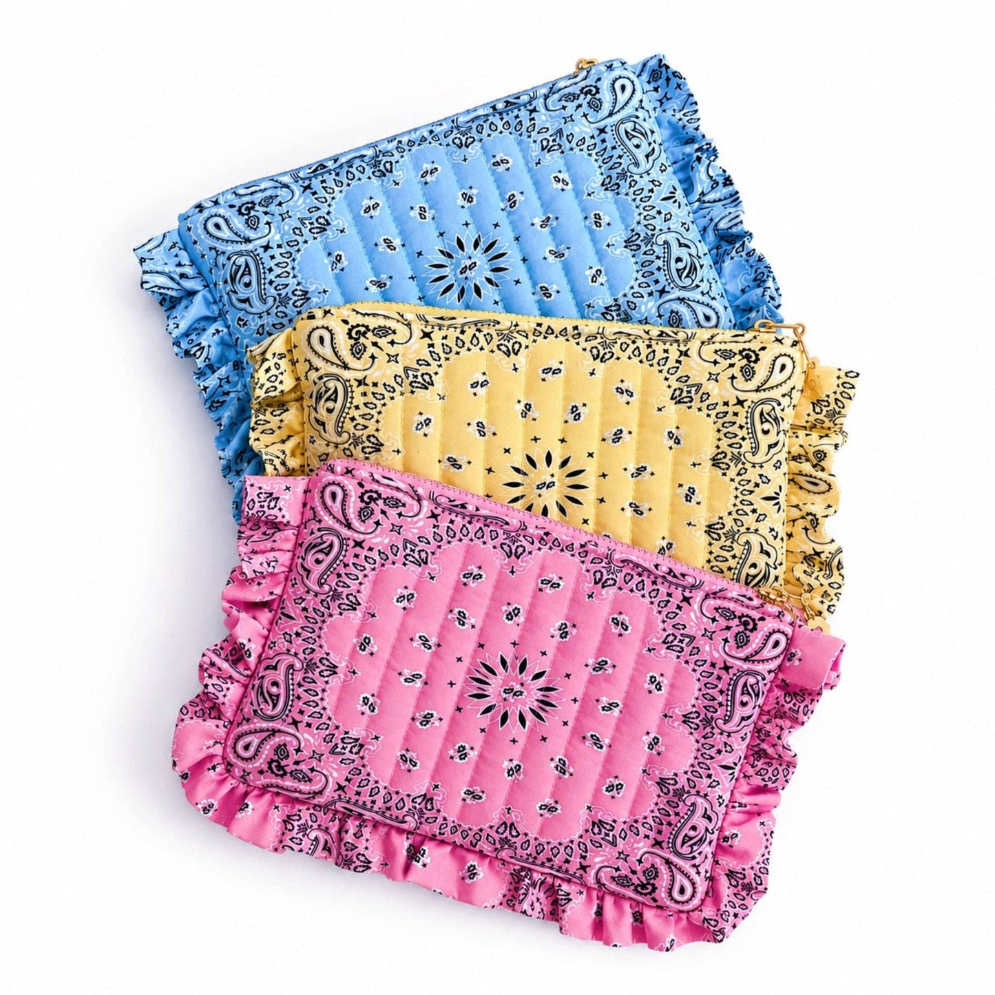 Ellison+Young Bandana Ruffle Everything Pouch, Quilted Cosmetic Case: Indie Pink